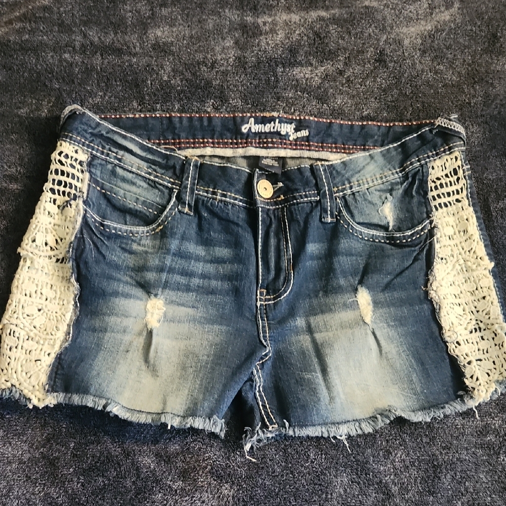 Juniors Amethyst Jeans Shorts with Crochet Accents